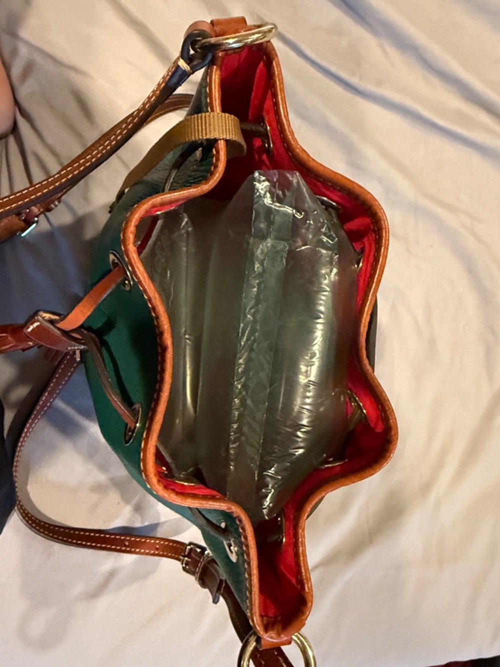Dooney & Bourke Green Leather Drawstring Tassel Crossbody with Brown Trim - Picture 4 of 4